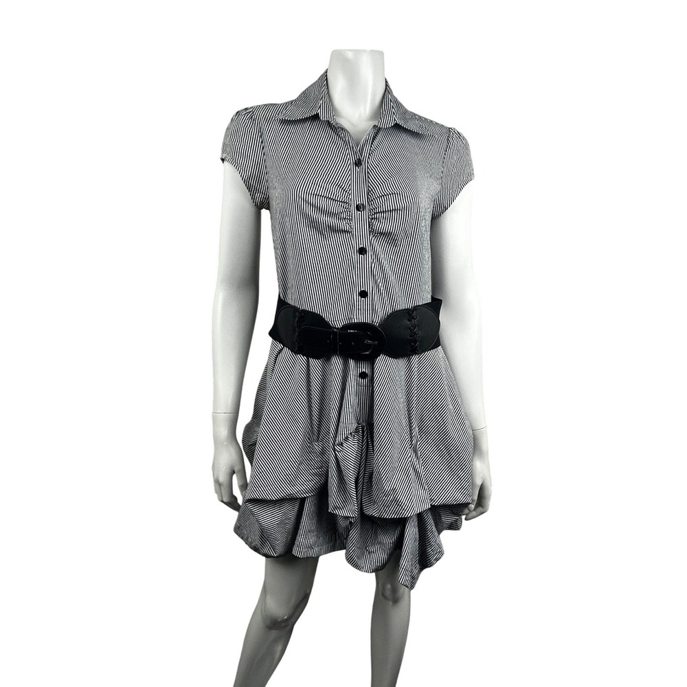 BCX Dress Womens M Black White Striped Puff Sleeve Shirt Style Belted Bubble Hem